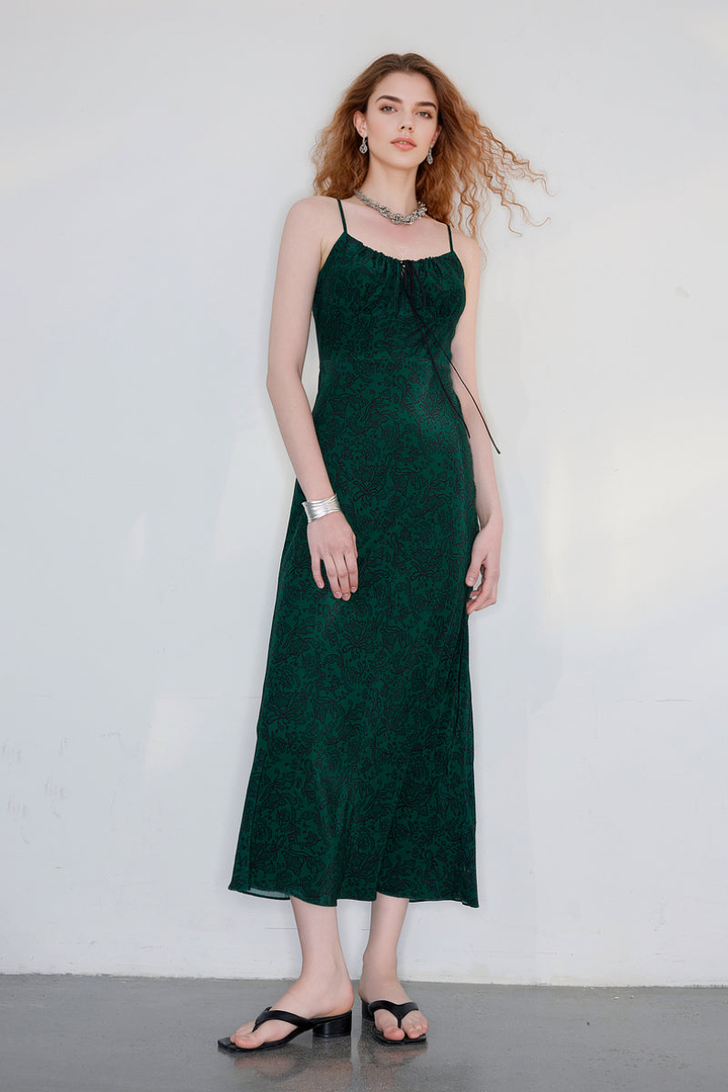 Forest Green Floral Midi Slip Dress