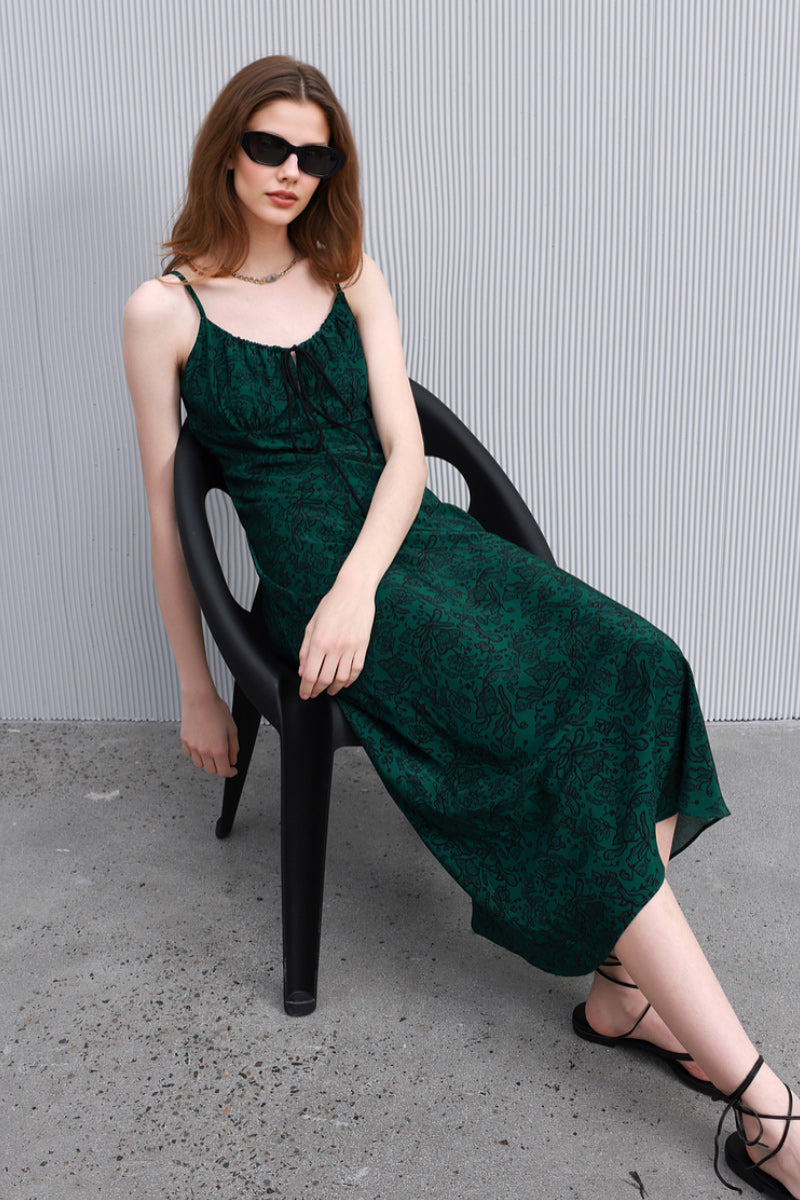 Forest Green Floral Midi Slip Dress