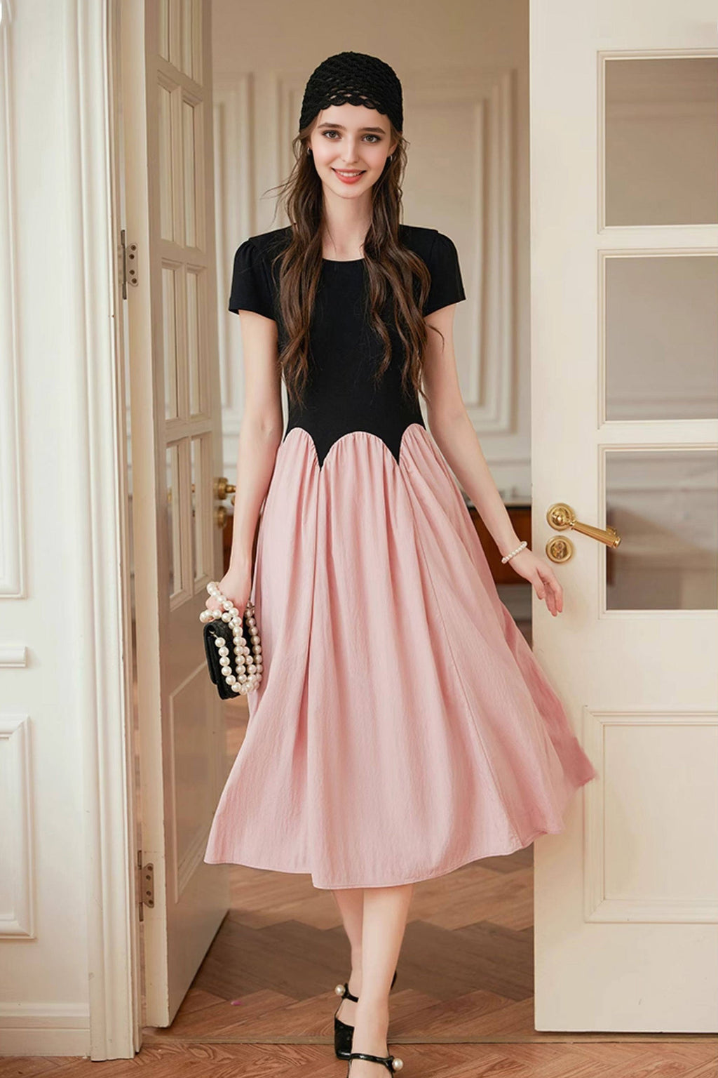 French Inspired Pleated Boat Neck Dress
