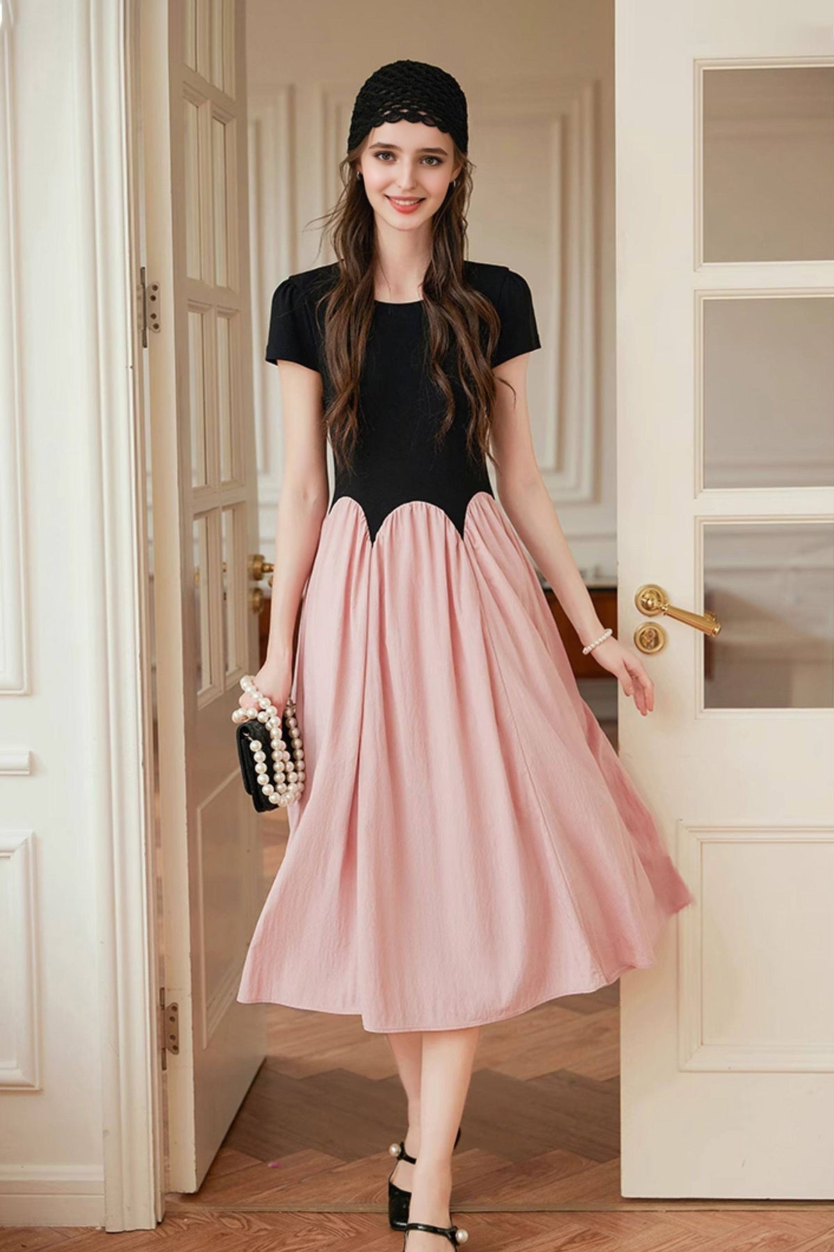French Inspired Pleated Boat Neck Dress