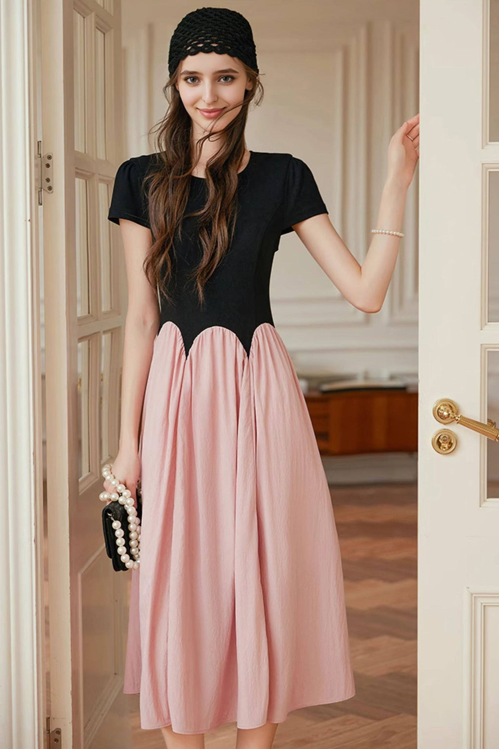 French Inspired Pleated Boat Neck Dress