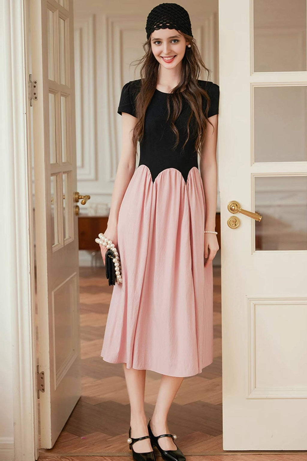 French Inspired Pleated Boat Neck Dress