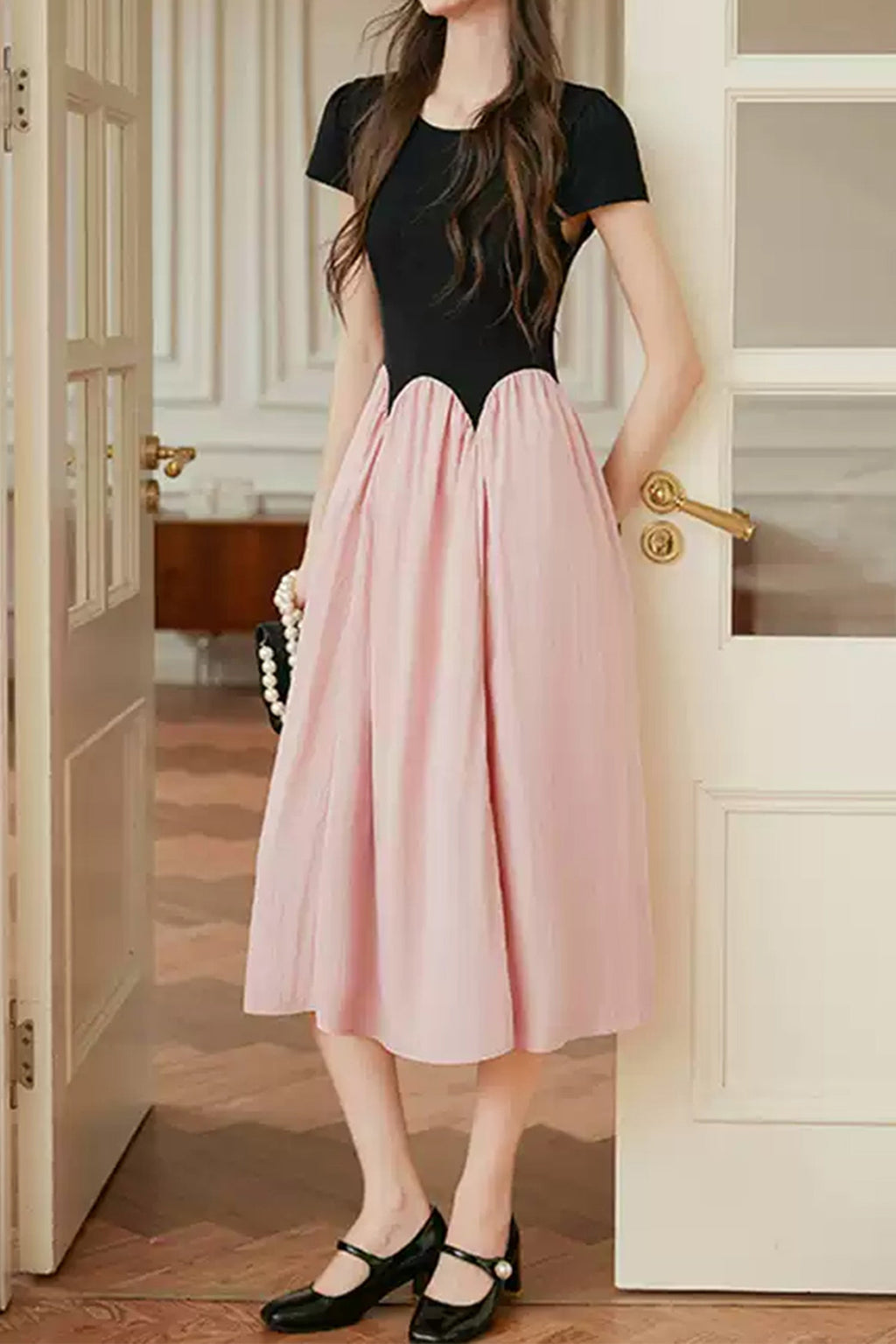 French Inspired Pleated Boat Neck Dress