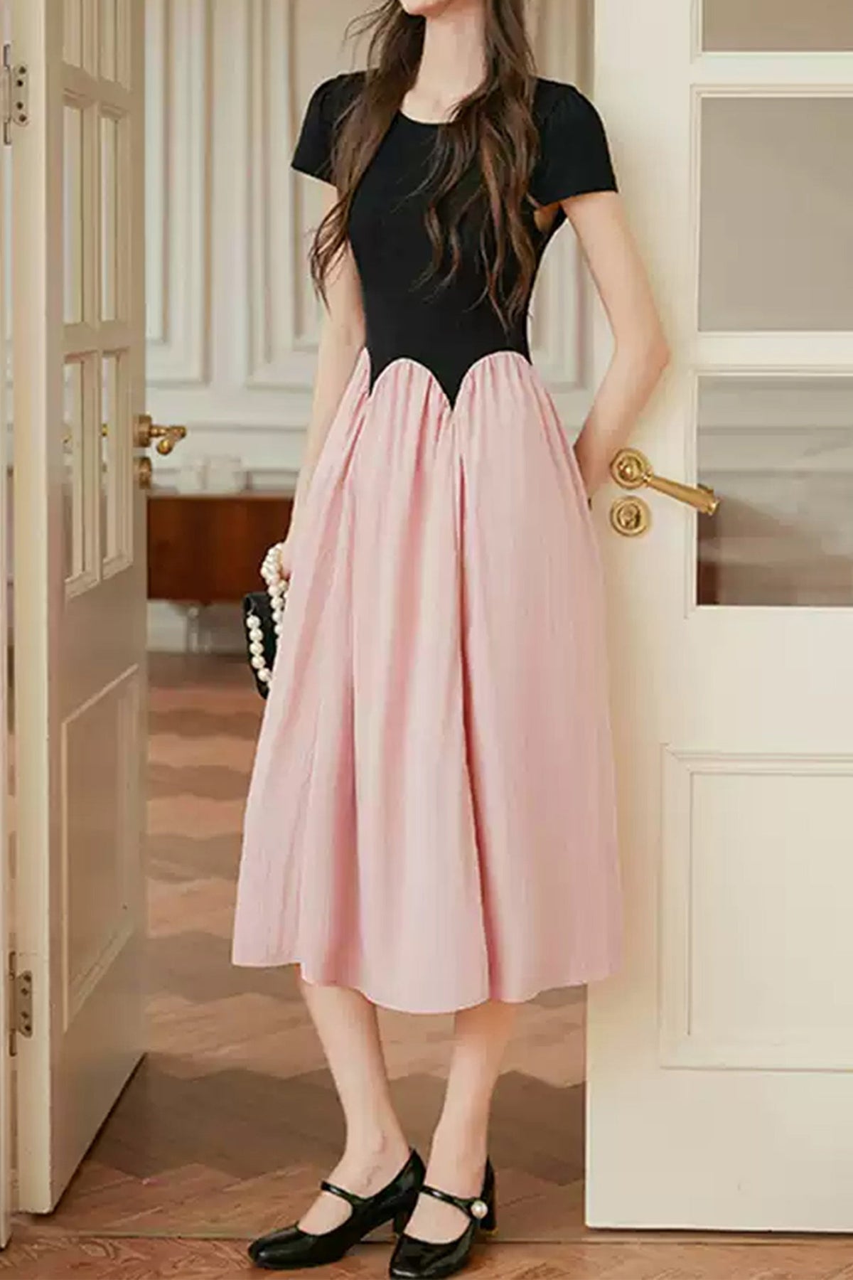 French Inspired Pleated Boat Neck Dress