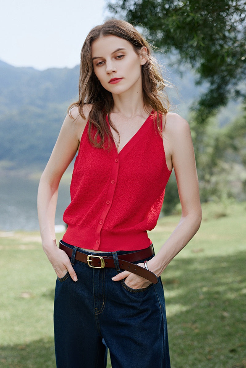 French-Inspired V-Neck Stretch Knitted Sweater Vest