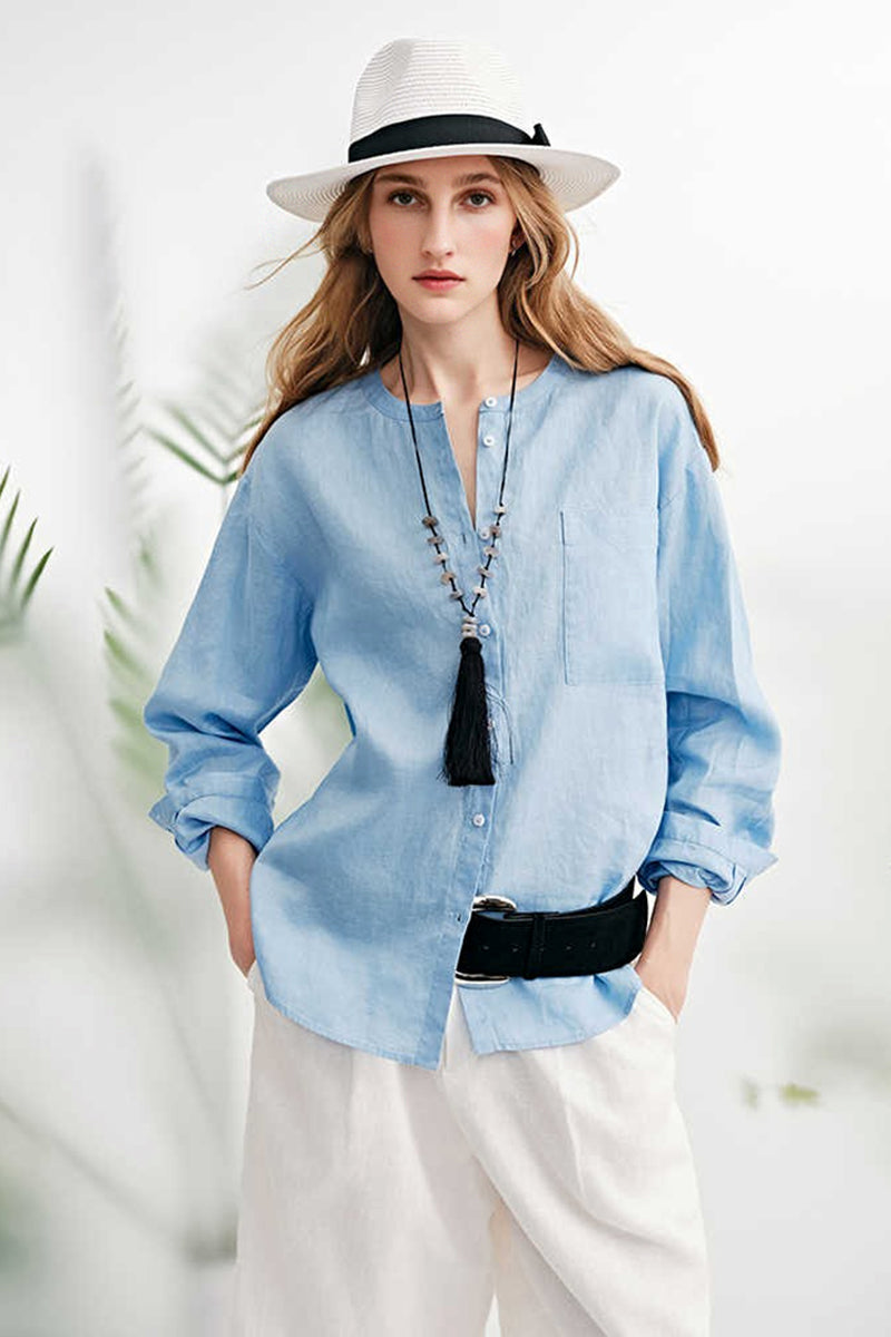 French Linen Drop-Shoulder Collarless Shirt