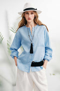 French Linen Drop-Shoulder Collarless Shirt