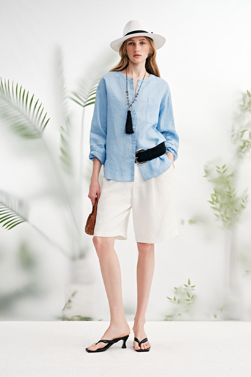 French Linen Drop-Shoulder Collarless Shirt
