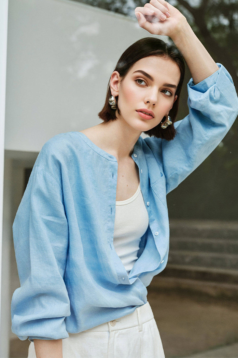 French Linen Drop-Shoulder Collarless Shirt
