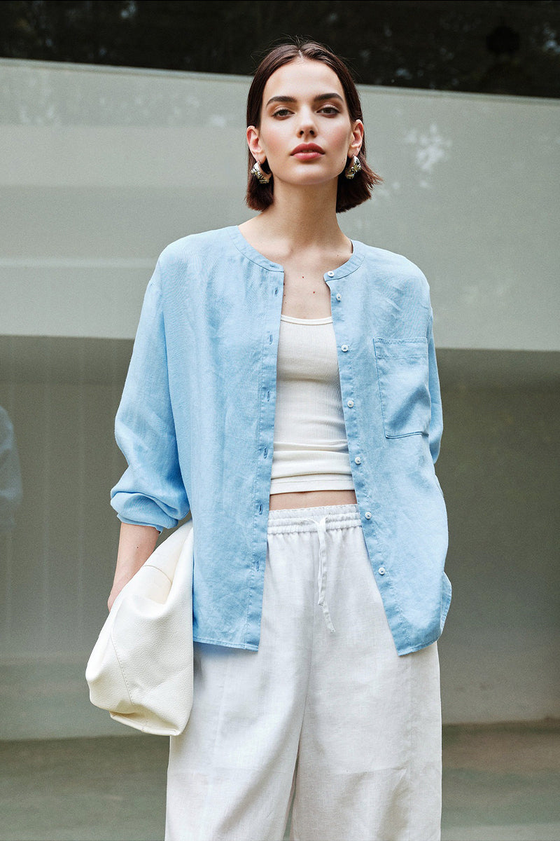 French Linen Drop-Shoulder Collarless Shirt