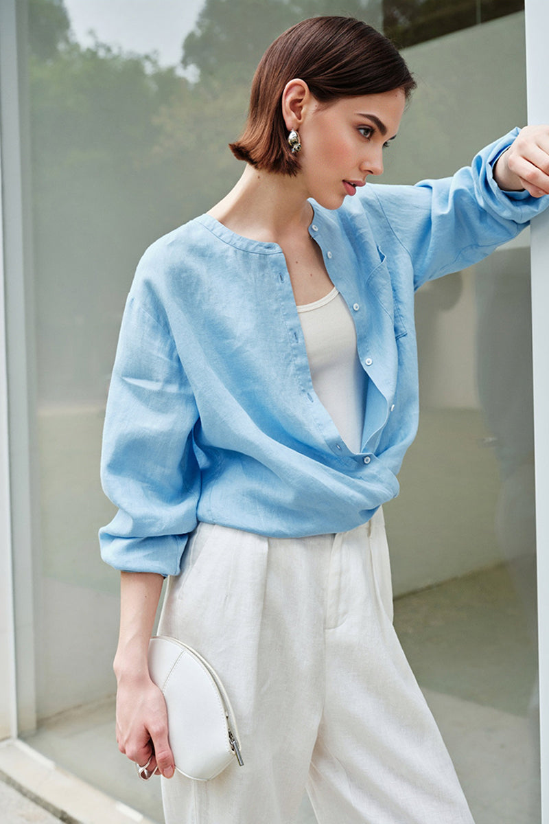 French Linen Drop-Shoulder Collarless Shirt