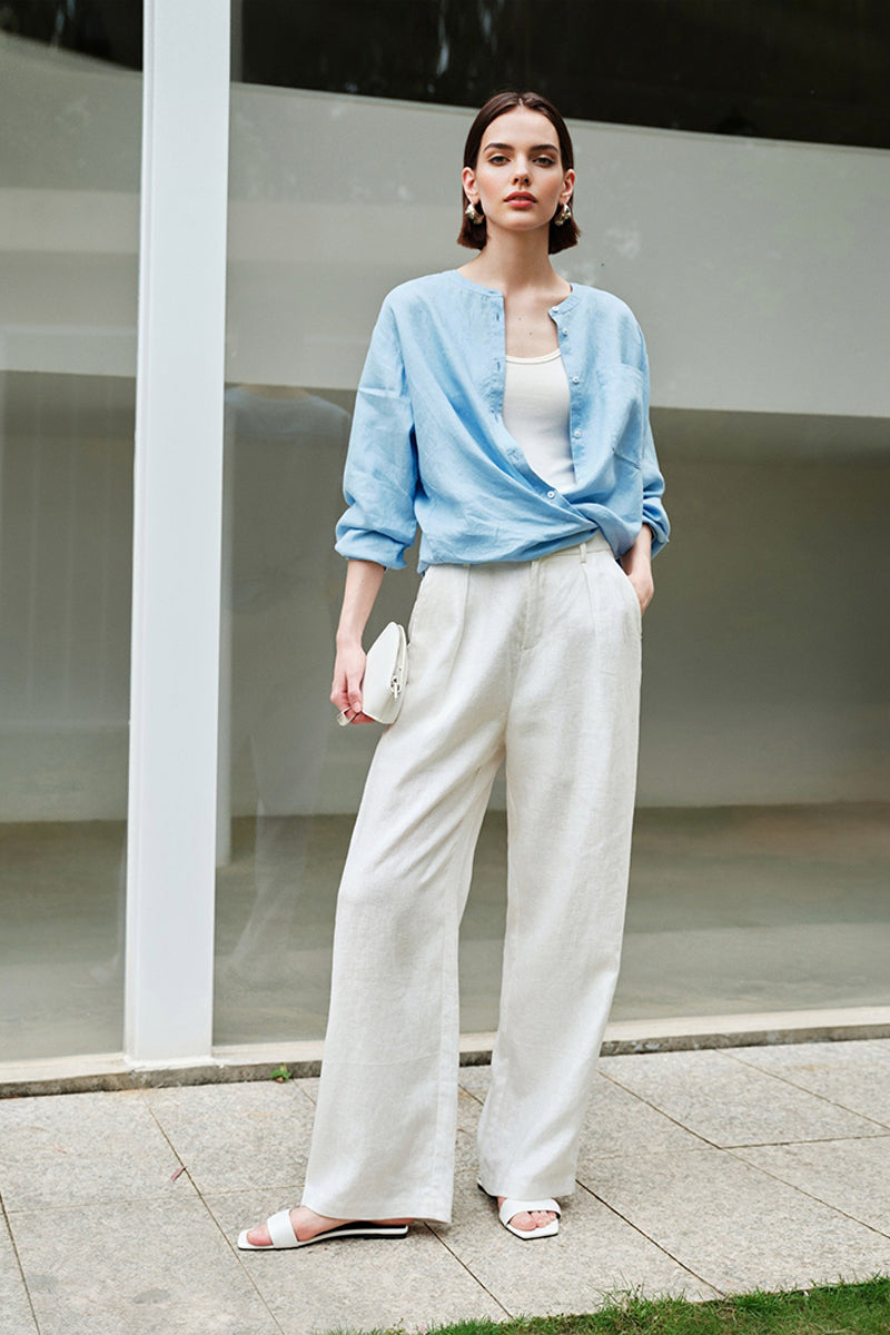 French Linen Drop-Shoulder Collarless Shirt