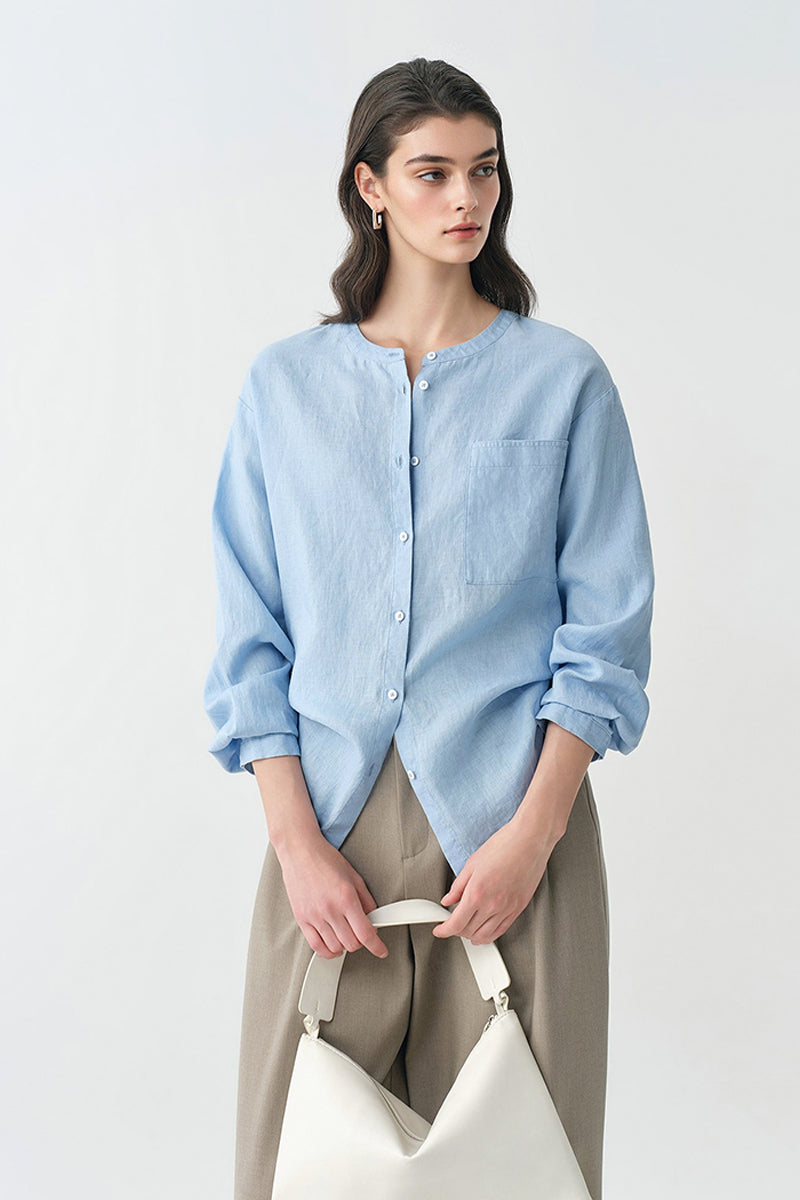 French Linen Drop-Shoulder Collarless Shirt