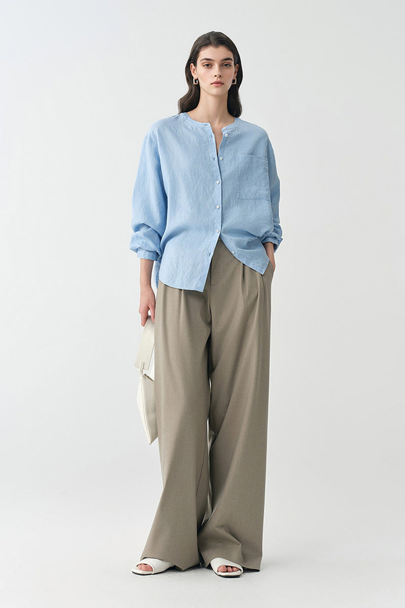 French Linen Drop-Shoulder Collarless Shirt