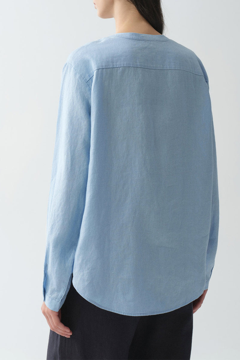 French Linen Drop-Shoulder Collarless Shirt