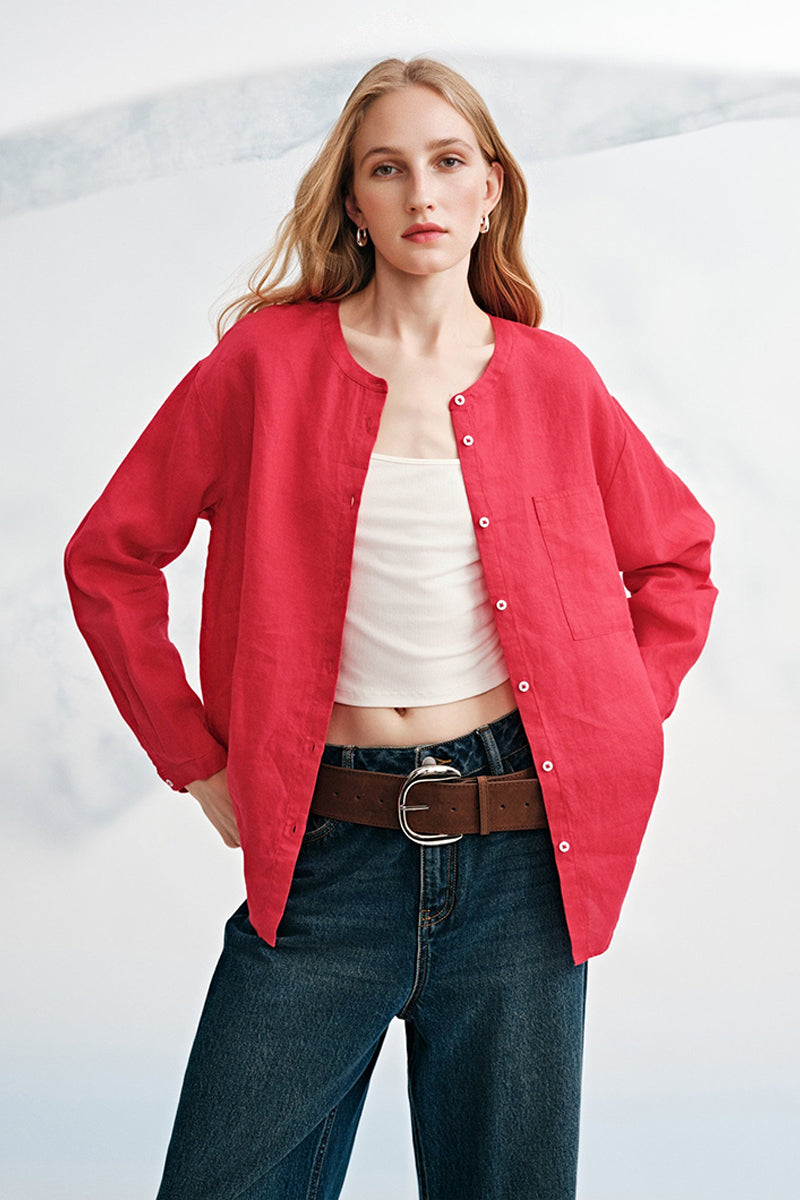 French Linen Drop-Shoulder Collarless Shirt