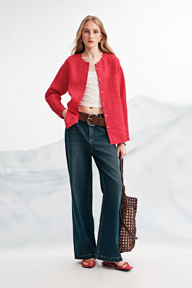 French Linen Drop-Shoulder Collarless Shirt