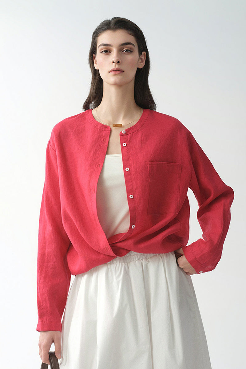 French Linen Drop-Shoulder Collarless Shirt