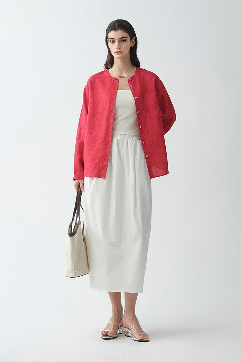 French Linen Drop-Shoulder Collarless Shirt