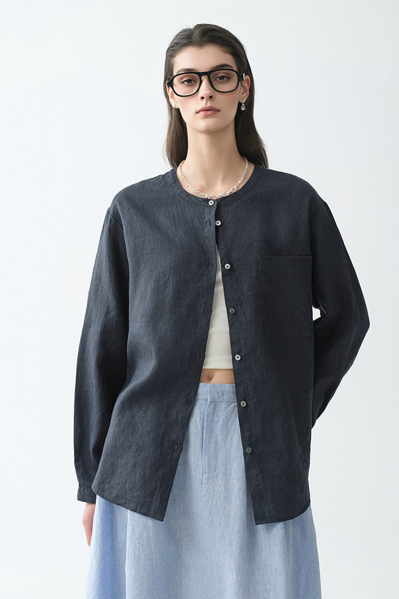 French Linen Drop-Shoulder Collarless Shirt