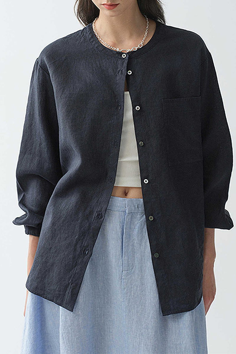 French Linen Drop-Shoulder Collarless Shirt