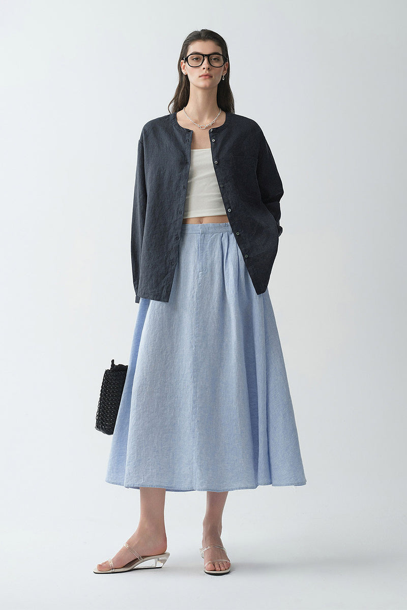 French Linen Drop-Shoulder Collarless Shirt
