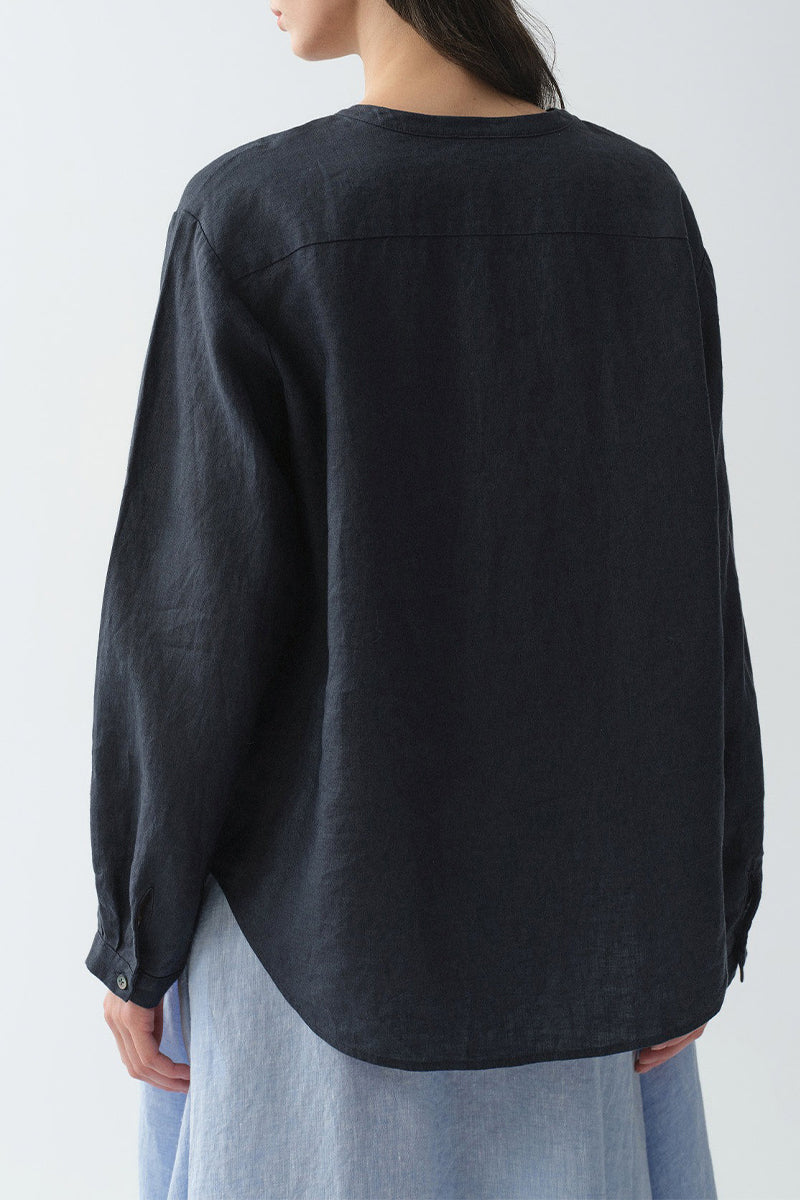 French Linen Drop-Shoulder Collarless Shirt