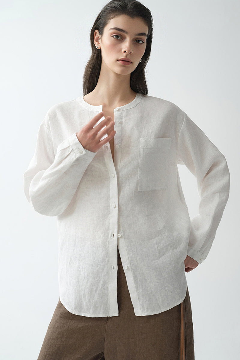 French Linen Drop-Shoulder Collarless Shirt