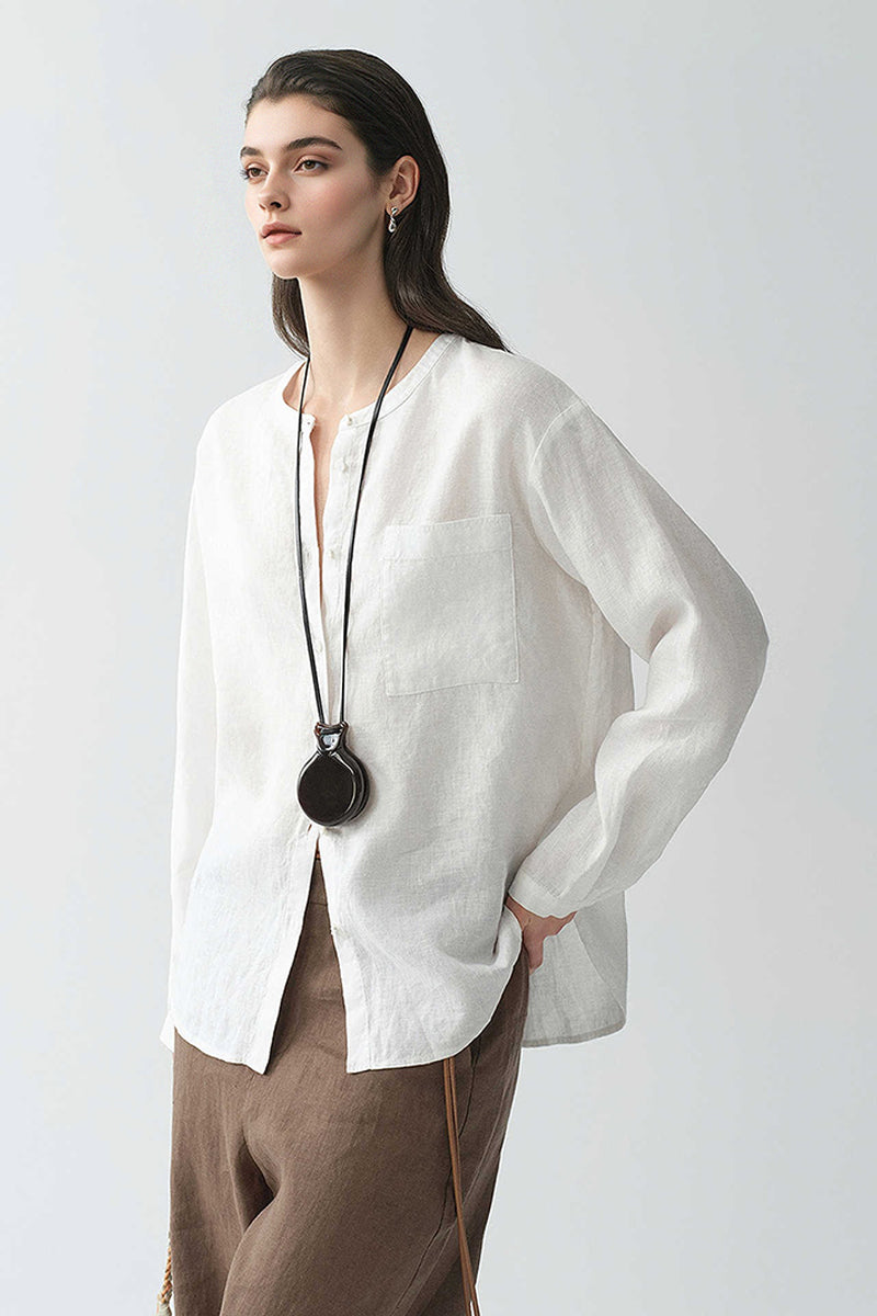 French Linen Drop-Shoulder Collarless Shirt