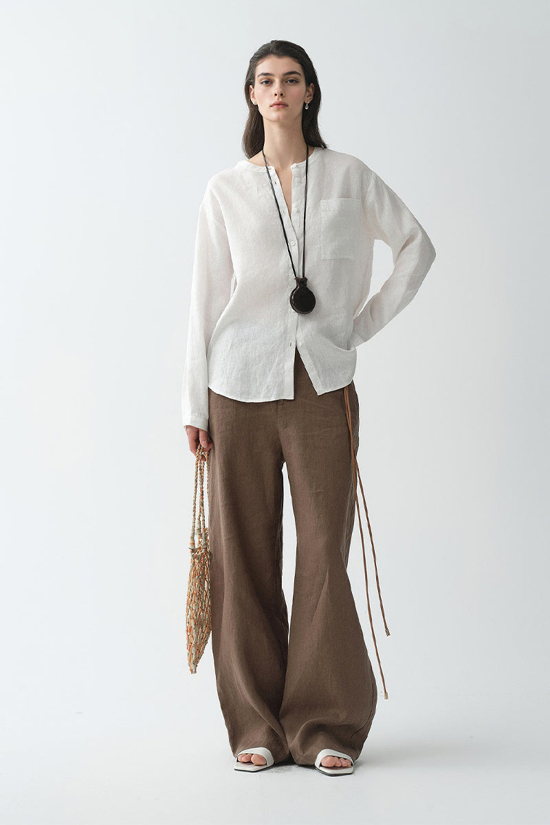French Linen Drop-Shoulder Collarless Shirt