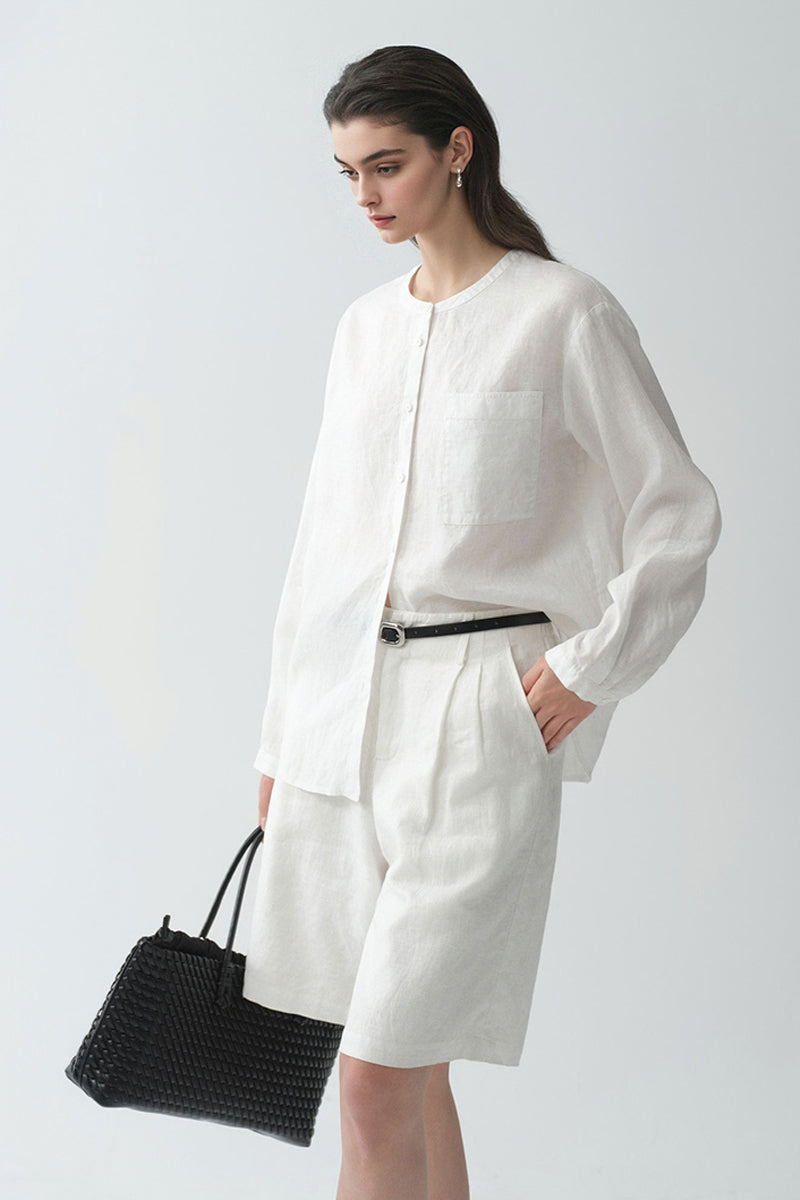French Linen Drop-Shoulder Collarless Shirt