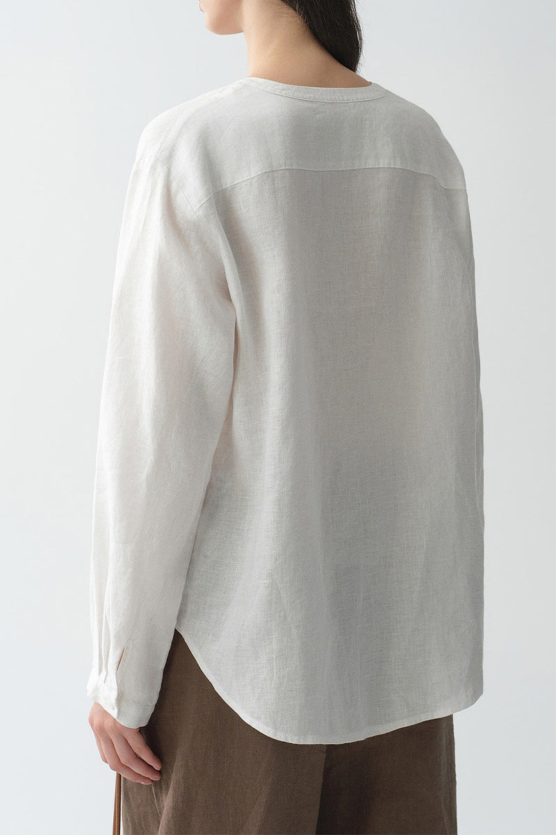 French Linen Drop-Shoulder Collarless Shirt