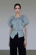 French Puff-Sleeve Tie-Front Blouse