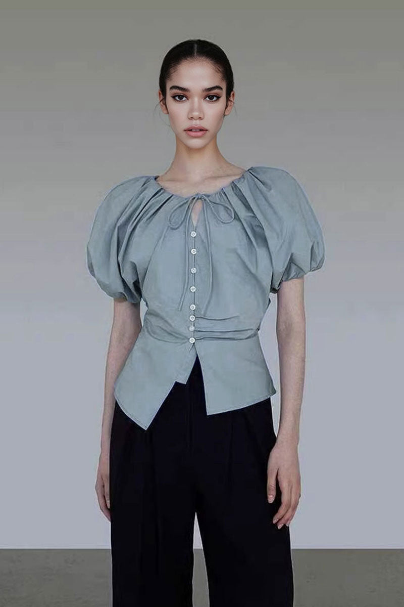 French Puff-Sleeve Tie-Front Blouse