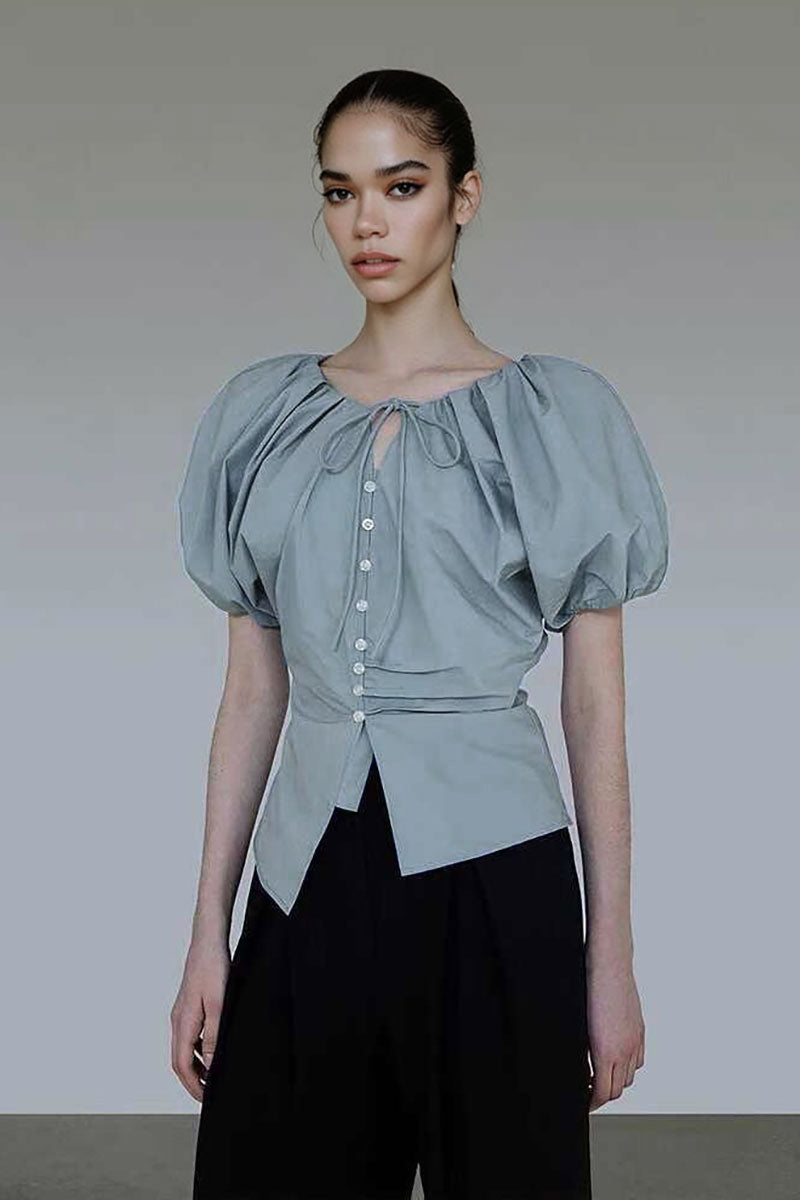 French Puff-Sleeve Tie-Front Blouse
