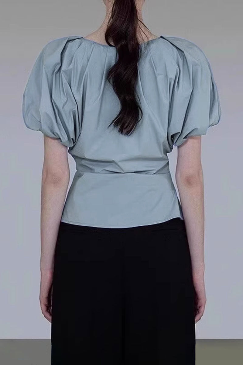 French Puff-Sleeve Tie-Front Blouse