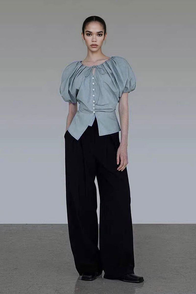 French Puff-Sleeve Tie-Front Blouse