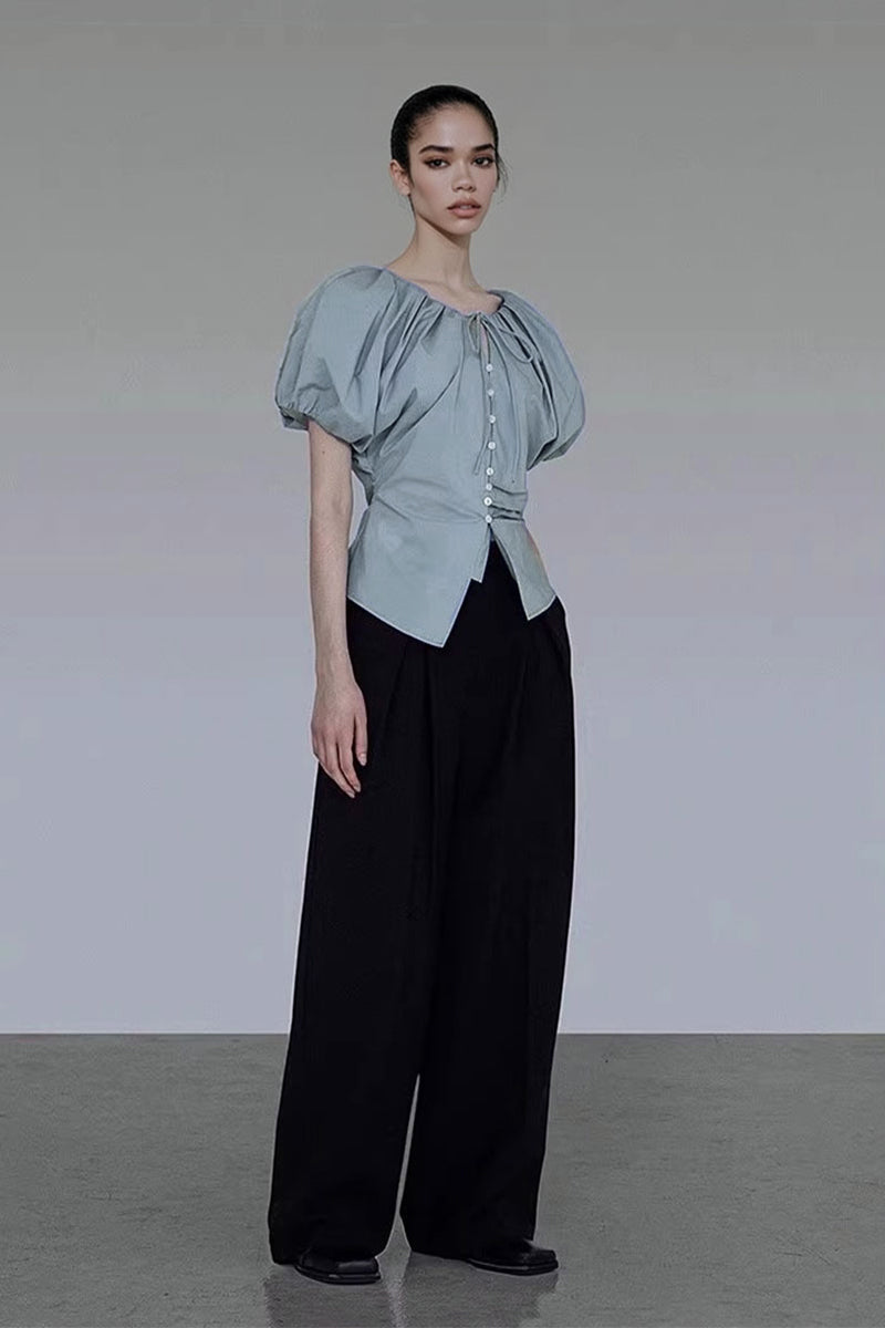 French Puff-Sleeve Tie-Front Blouse
