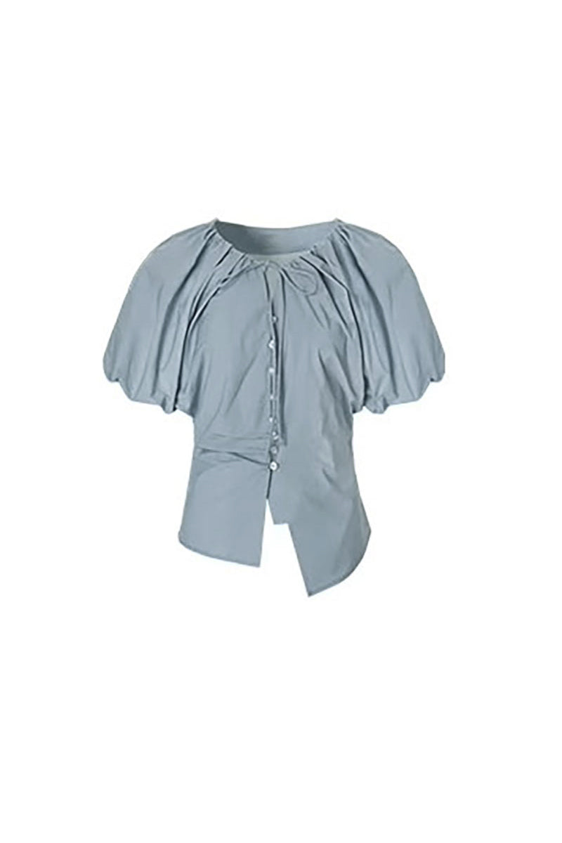 French Puff-Sleeve Tie-Front Blouse