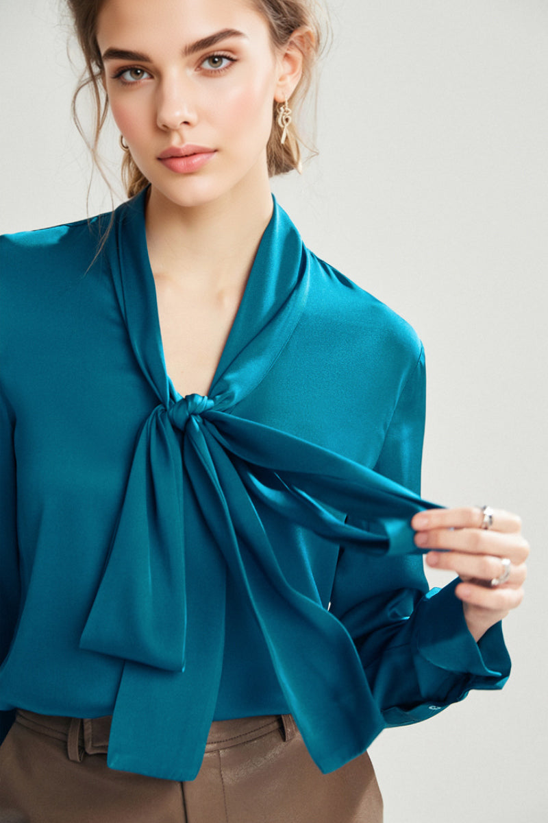 French Silk V-Neck Long-Sleeve Ribbon Blouse