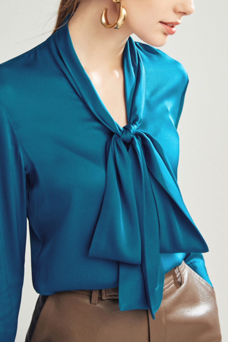 French Silk V-Neck Long-Sleeve Ribbon Blouse