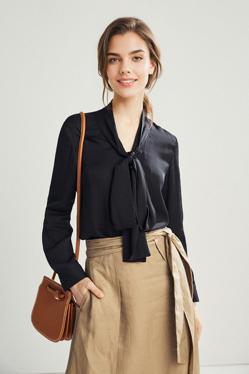 French Silk V-Neck Long-Sleeve Ribbon Blouse