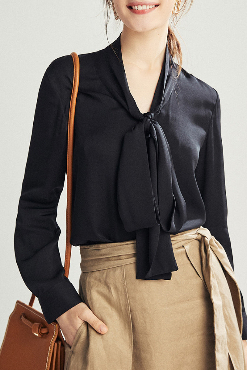 French Silk V-Neck Long-Sleeve Ribbon Blouse