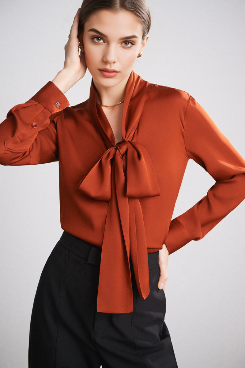 French Silk V-Neck Long-Sleeve Ribbon Blouse