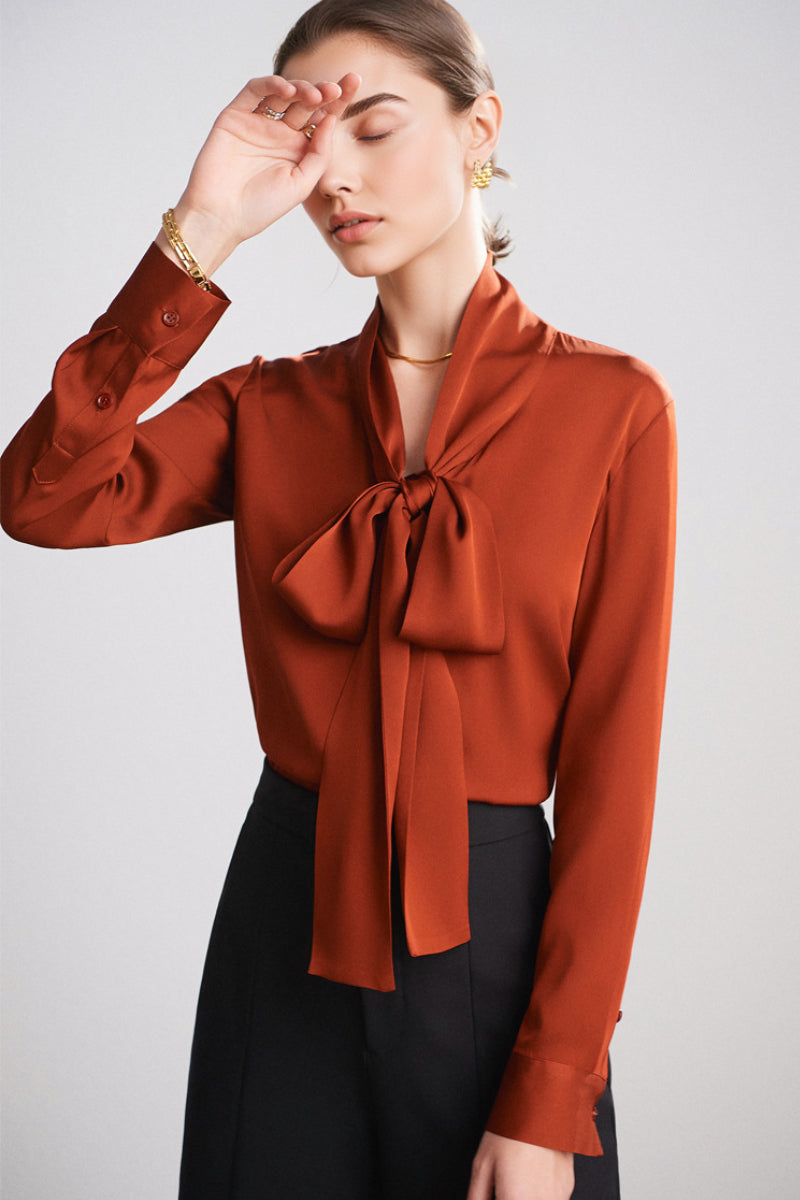 French Silk V-Neck Long-Sleeve Ribbon Blouse