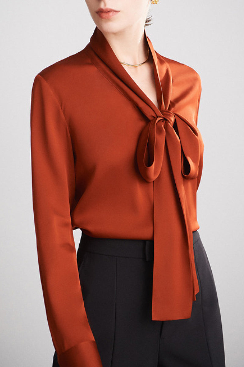 French Silk V-Neck Long-Sleeve Ribbon Blouse