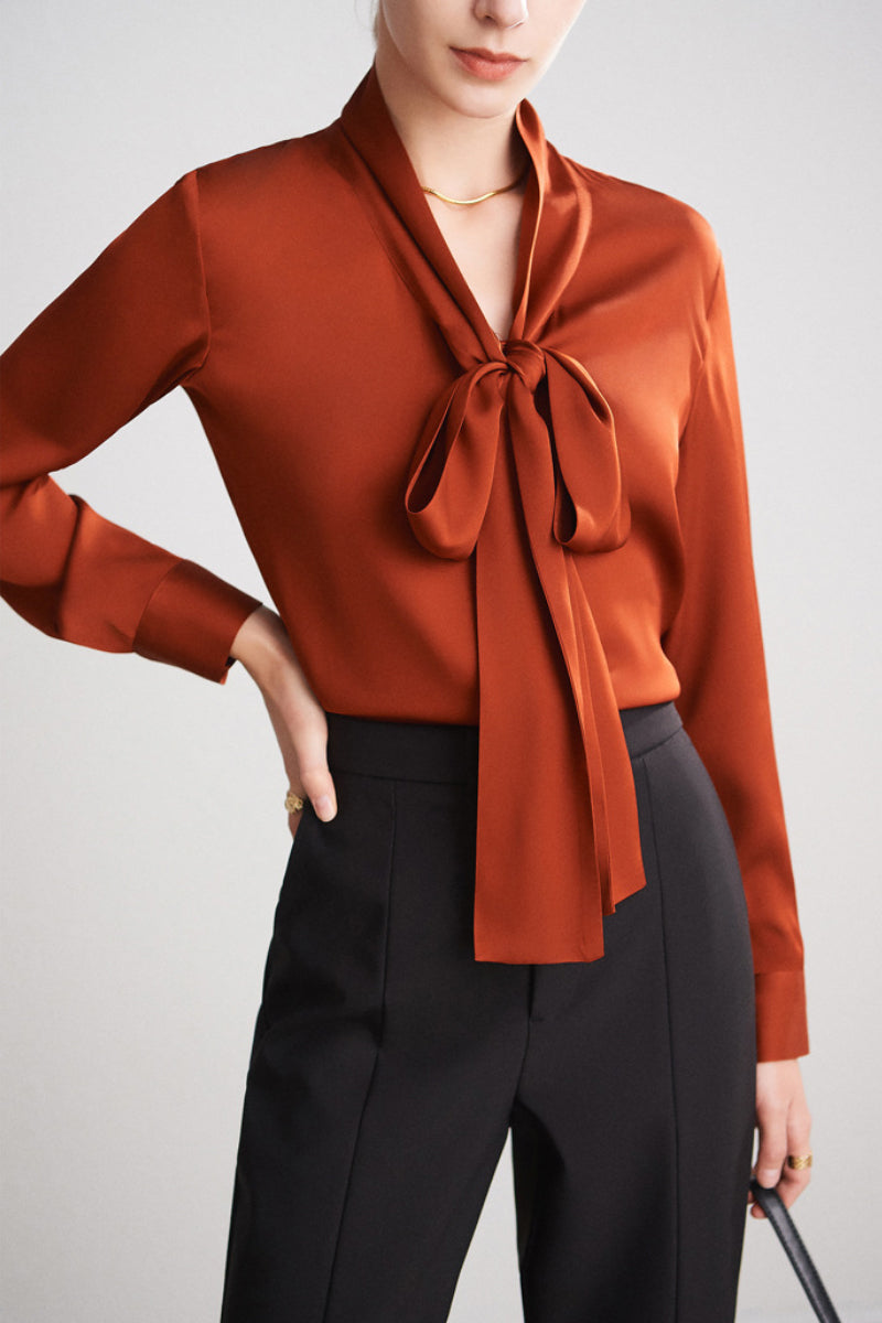French Silk V-Neck Long-Sleeve Ribbon Blouse