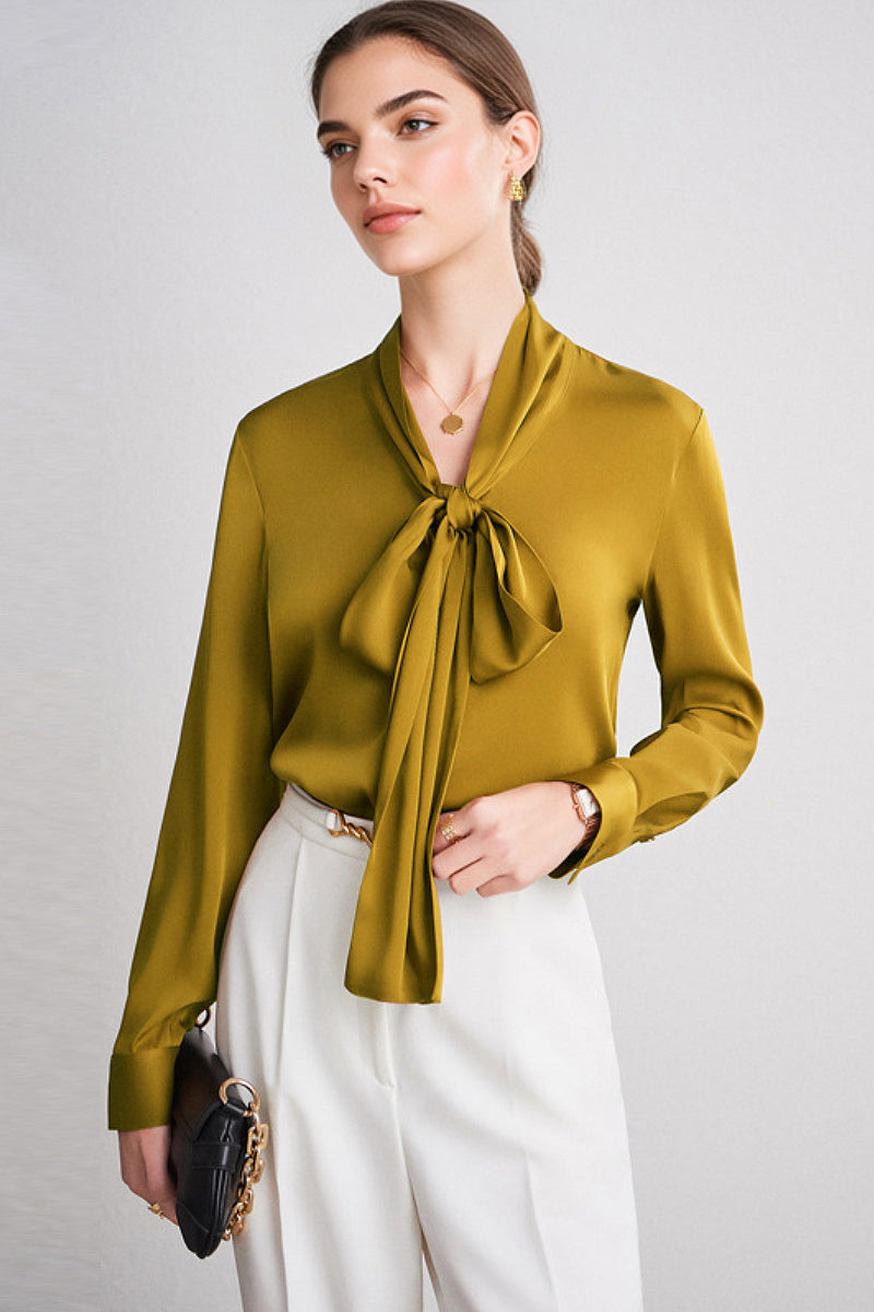 French Silk V-Neck Long-Sleeve Ribbon Blouse