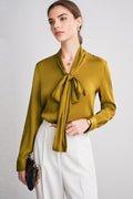 French Silk V-Neck Long-Sleeve Ribbon Blouse