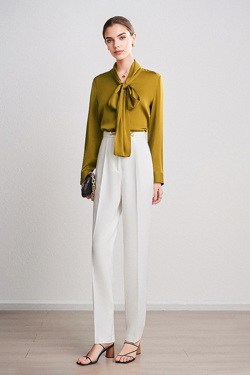 French Silk V-Neck Long-Sleeve Ribbon Blouse